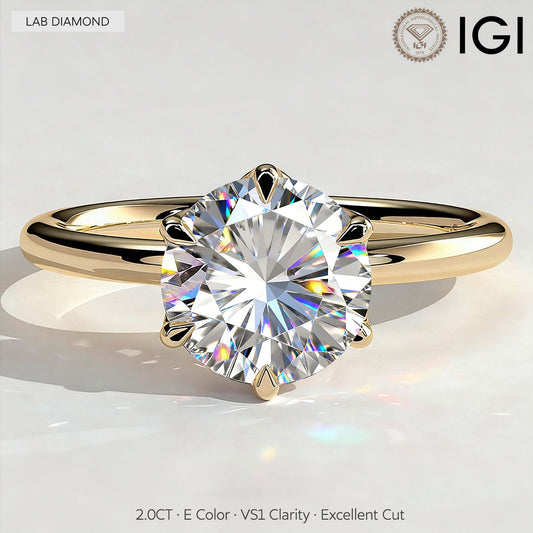 gona- 2ct Round Lab-Grown Diamond Solitaire Ring with Petal Gallery Claw Setting Tarnish-resistant Silver In 14K Gold Plated (Includes IGI Certification from International Gemological Institute)