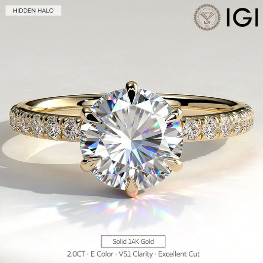 gona- 2ct Round Lab-Grown Diamond Ring with Wraparound Hidden Halo & Pave Band Cathedral Setting in Solid 14K Yellow Gold (Includes IGI Certification from International Gemological Institute)
