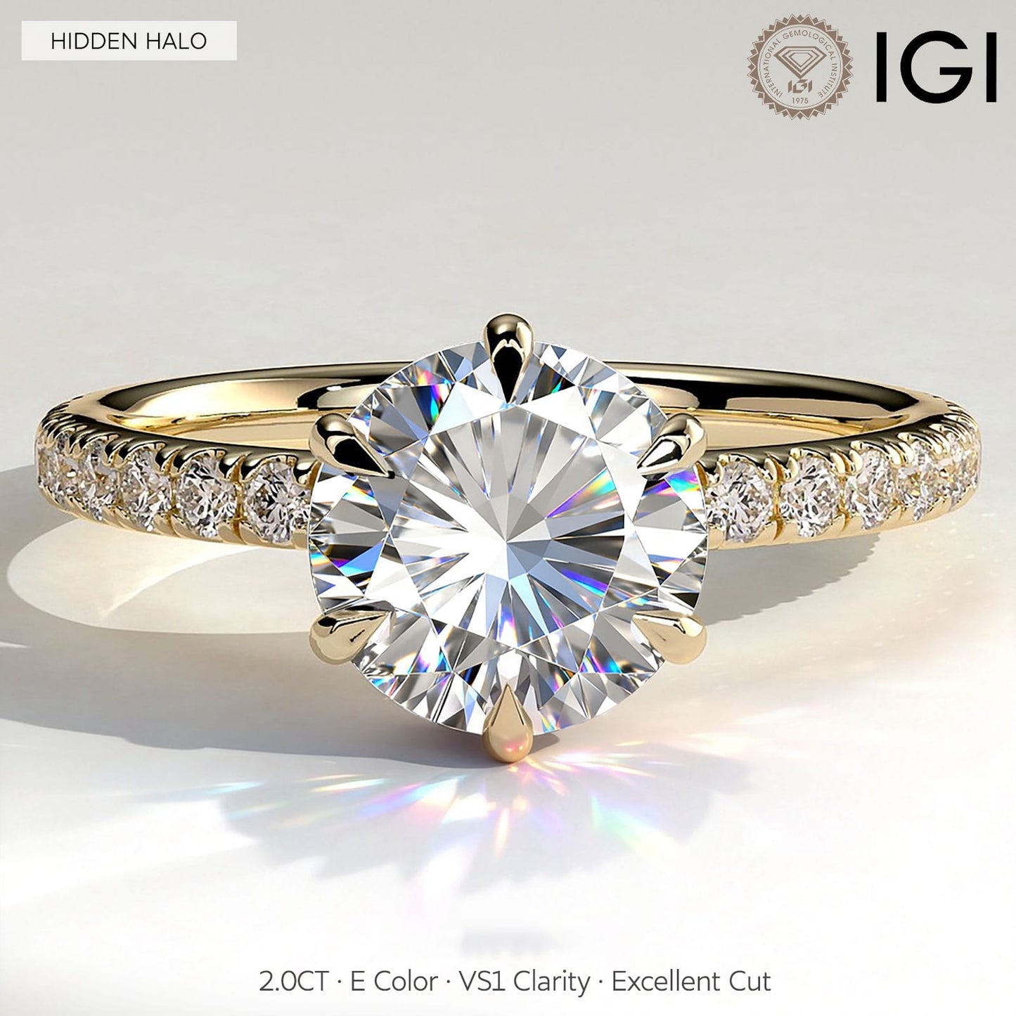2ct Round Lab-Grown Diamond Ring with Wraparound Hidden Halo & Pave Band Cathedral Setting Tarnish-resistant Silver In 14K Gold Plated (Includes IGI Certification from International Gemological Institute)