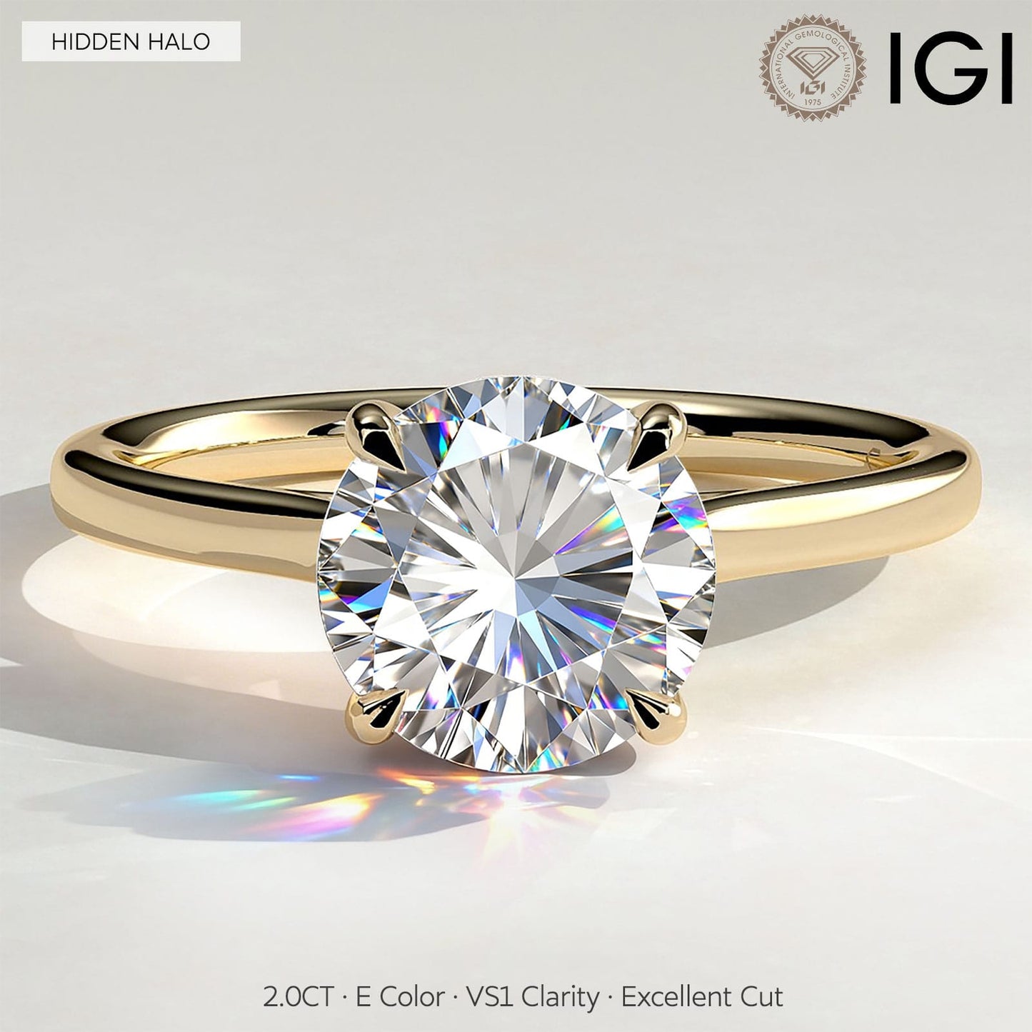2ct Round Lab-Grown Diamond Ring with Hidden Halo Cathedral Setting Tarnish-resistant Silver In 14K Gold Plated (Includes IGI Certification from International Gemological Institute)