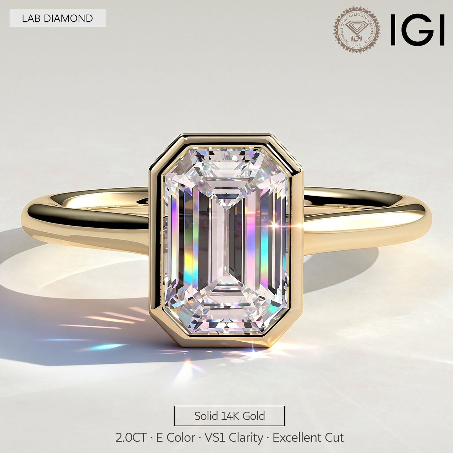 2ct Emerald-Cut Lab-Grown Diamond Ring with Bezel Setting Cathedral Setting in Solid 14K Yellow Gold (Includes IGI Certification from International Gemological Institute)