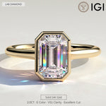2ct Emerald-Cut Lab-Grown Diamond Ring with Bezel Setting Cathedral Setting in Solid 14K Yellow Gold (Includes IGI Certification from International Gemological Institute)
