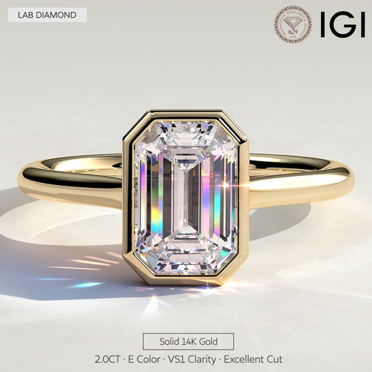 gona- 2ct Emerald-Cut Lab-Grown Diamond Ring with Bezel Setting Cathedral Setting in Solid 14K Yellow Gold (Includes IGI Certification from International Gemological Institute)