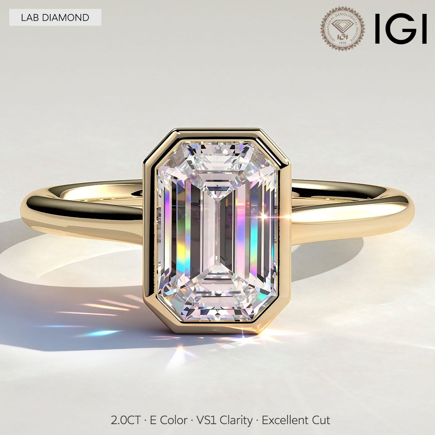 2ct Emerald-Cut Lab-Grown Diamond Ring with Bezel Setting Tarnish-resistant Silver In 14K Gold Plated (Includes IGI Certification from International Gemological Institute）