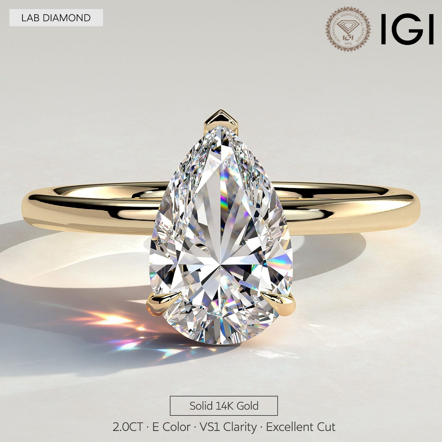 2ct Pear Lab-Grown Diamond Solitaire Ring with Claw Setting in Solid 14K Yellow Gold (Includes IGI Certification from International Gemological Institute)