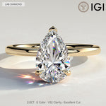 2ct Pear Lab-Grown Diamond Solitaire Ring with Claw Setting Tarnish-resistant Silver In 14K Gold Plated (Includes IGI Certification from International Gemological Institute)