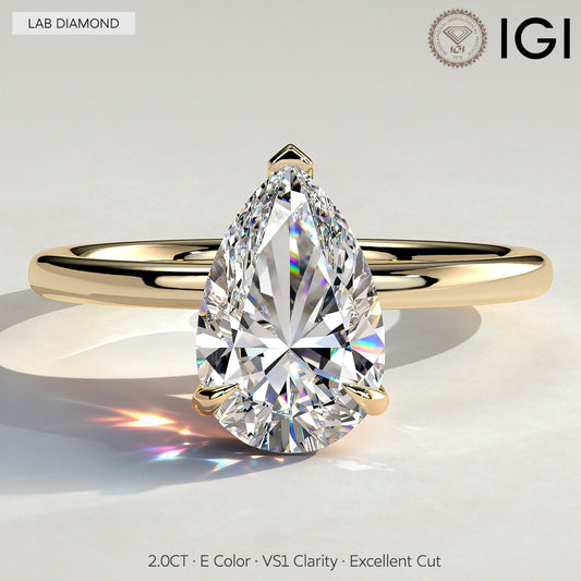 gona- 2ct Pear Lab-Grown Diamond Solitaire Ring with Claw Setting Tarnish-resistant Silver In 14K Gold Plated (Includes IGI Certification from International Gemological Institute)