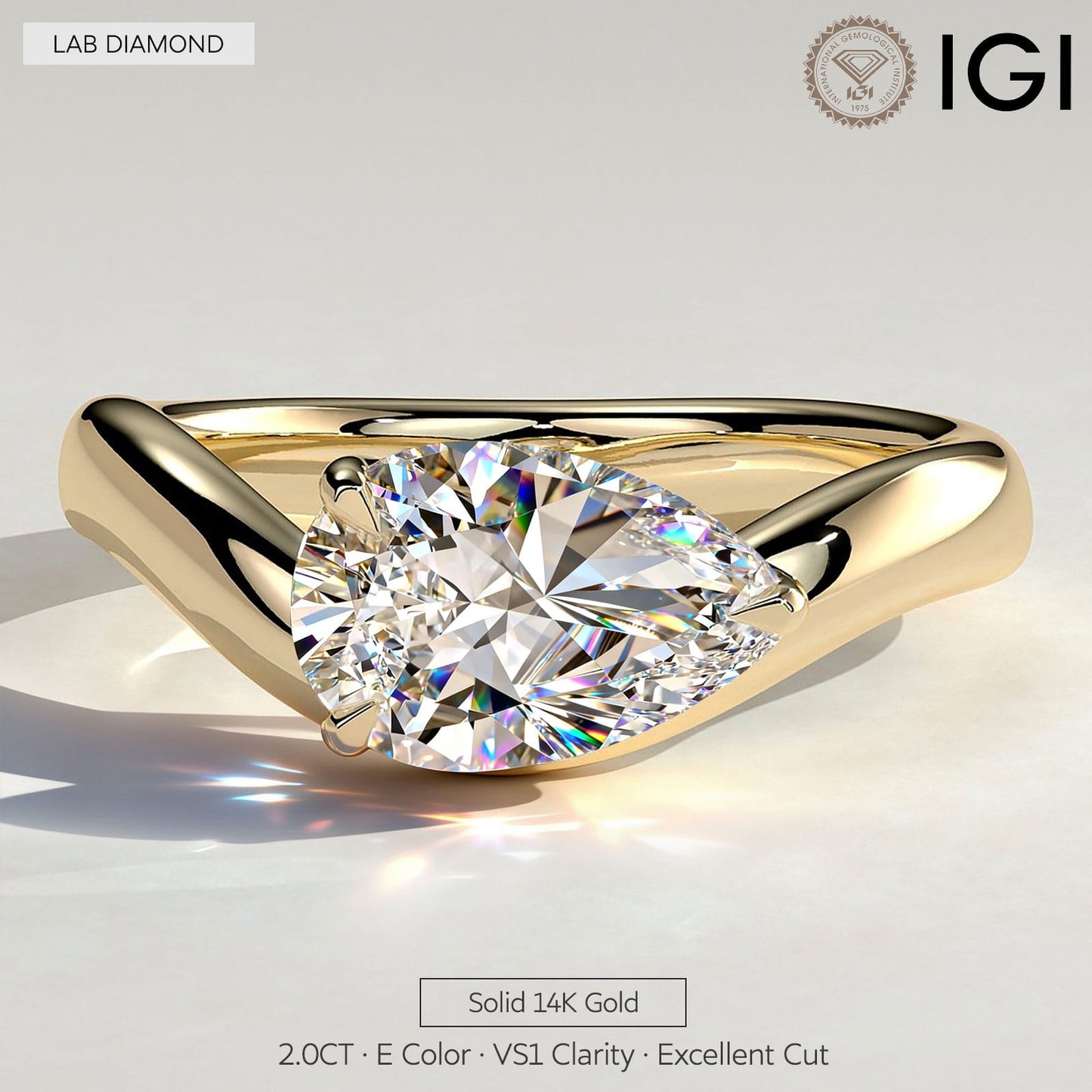 2ct Pear Lab-Grown Diamond Ring in East-West Setting with Wave Band Claw Setting in Solid 14K Yellow Gold (Includes IGI Certification from International Gemological Institute)