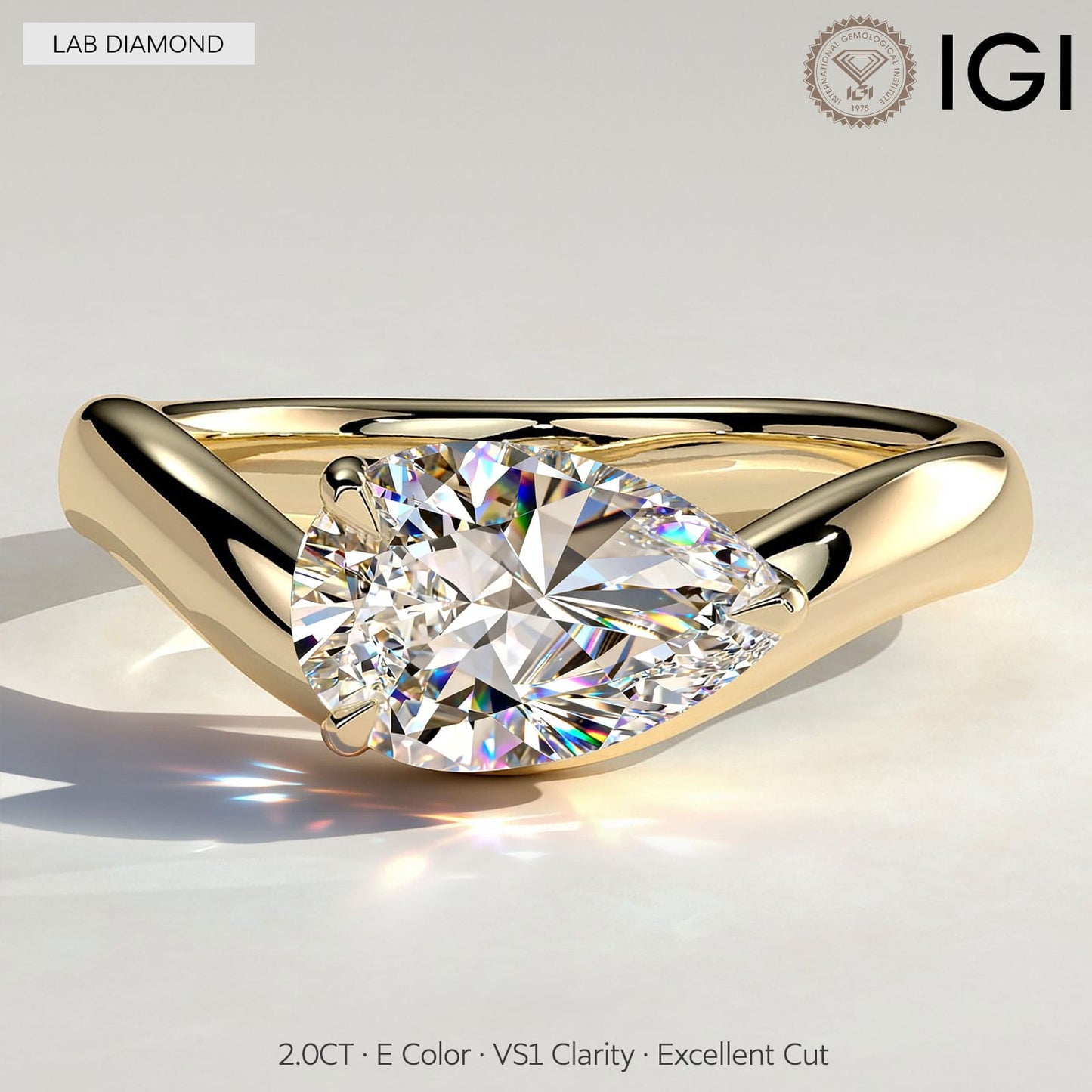 2ct Pear Lab-Grown Diamond Ring in East-West Setting with Wave Band Claw Setting Tarnish-resistant Silver In 14K Gold Plated (Includes IGI Certification from International Gemological Institute)