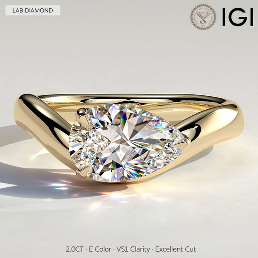 gona- 2ct Pear Lab-Grown Diamond Ring in East-West Setting with Wave Band Claw Setting Tarnish-resistant Silver In 14K Gold Plated (Includes IGI Certification from International Gemological Institute)