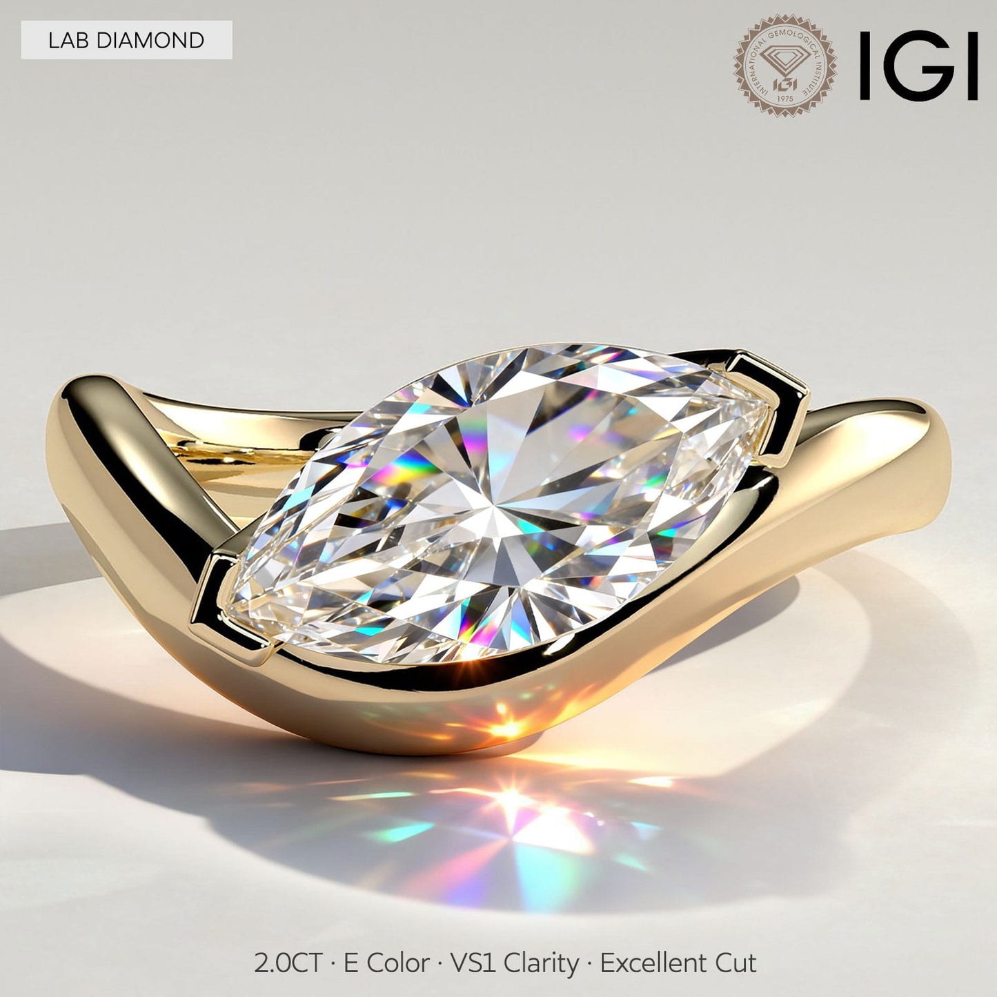 2ct Marquise Lab-Grown Diamond Ring in East-West Setting with Wave Band Claw Setting Tarnish-resistant Silver In 14K Gold Plated (Includes IGI Certification from International Gemological Institute)