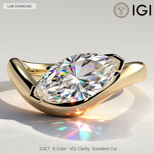 gona- 2ct Marquise Lab-Grown Diamond Ring in East-West Setting with Wave Band Claw Setting Tarnish-resistant Silver In 14K Gold Plated (Includes IGI Certification from International Gemological Institute)