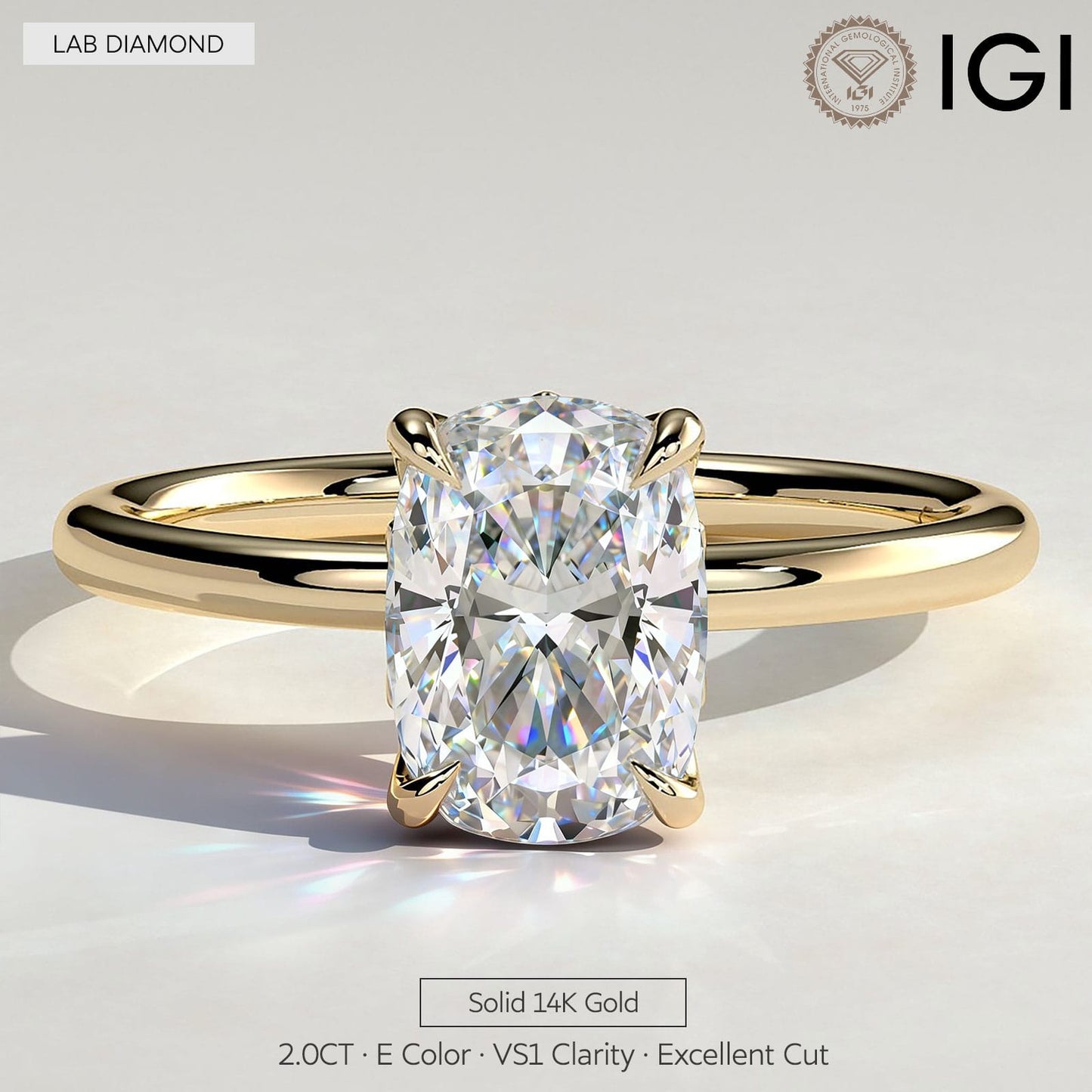 2ct Elongated Cushion Lab-Grown Diamond Ring with Petal Gallery & Leaf Detail Claw Setting in Solid 14K Yellow Gold (Includes IGI Certification from International Gemological Institute)
