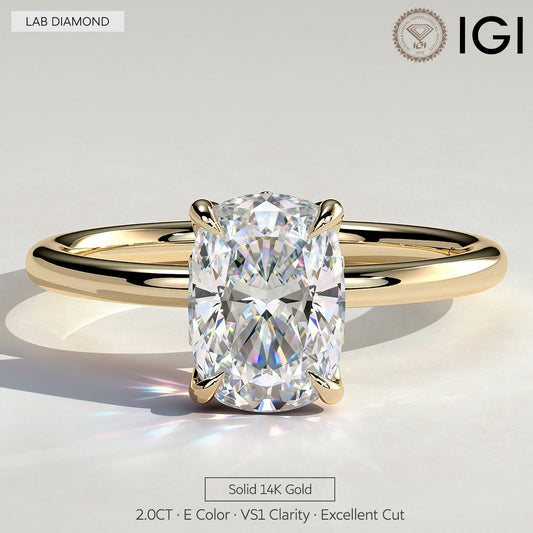 gona- 2ct Elongated Cushion Lab-Grown Diamond Ring with Petal Gallery & Leaf Detail Claw Setting in Solid 14K Yellow Gold (Includes IGI Certification from International Gemological Institute)