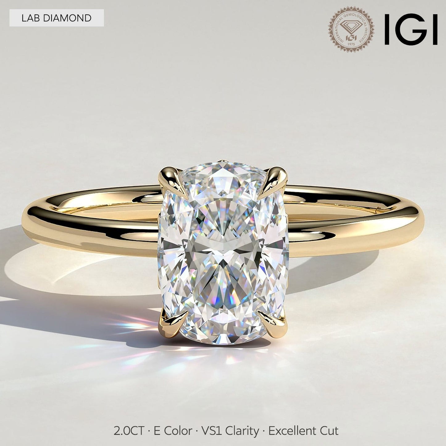 2ct Elongated Cushion Lab-Grown Diamond Ring with Petal Gallery & Leaf Detail Claw Setting Tarnish-resistant Silver In 14K Gold Plated (Includes IGI Certification from International Gemological Institute)