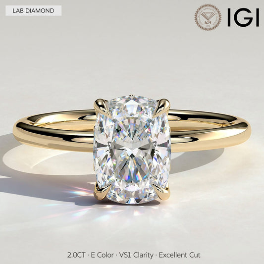 gona- 2ct Elongated Cushion Lab-Grown Diamond Ring with Petal Gallery & Leaf Detail Claw Setting Tarnish-resistant Silver In 14K Gold Plated (Includes IGI Certification from International Gemological Institute)