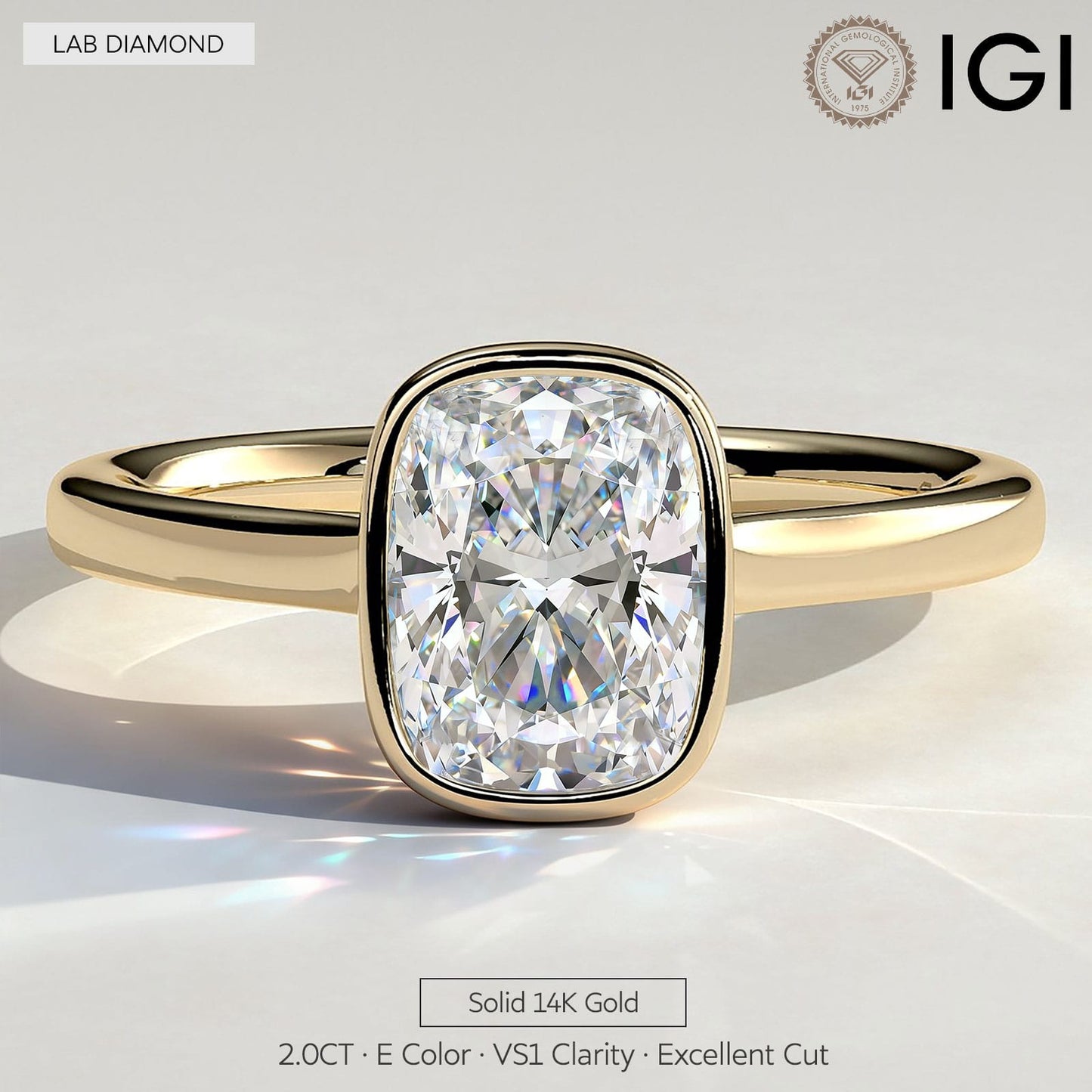 2ct Elongated Cushion Lab-Grown Diamond Ring with Bezel Setting Cathedral Setting in Solid 14K Yellow Gold (Includes IGI Certification from International Gemological Institute)
