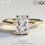2ct Radiant Lab-Grown Diamond Ring with Wraparound Hidden Halo Claw Setting in Solid 14K Yellow Gold (Includes IGI Certification from International Gemological Institute)