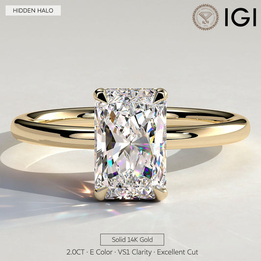 gona- 2ct Radiant Lab-Grown Diamond Ring with Wraparound Hidden Halo Claw Setting in Solid 14K Yellow Gold (Includes IGI Certification from International Gemological Institute)