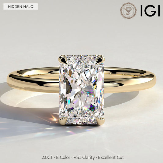 gona- 2ct Radiant Lab-Grown Diamond Ring with Wraparound Hidden Halo Claw Setting Tarnish-resistant Silver In 14K Gold Plated (Includes IGI Certification from International Gemological Institute)