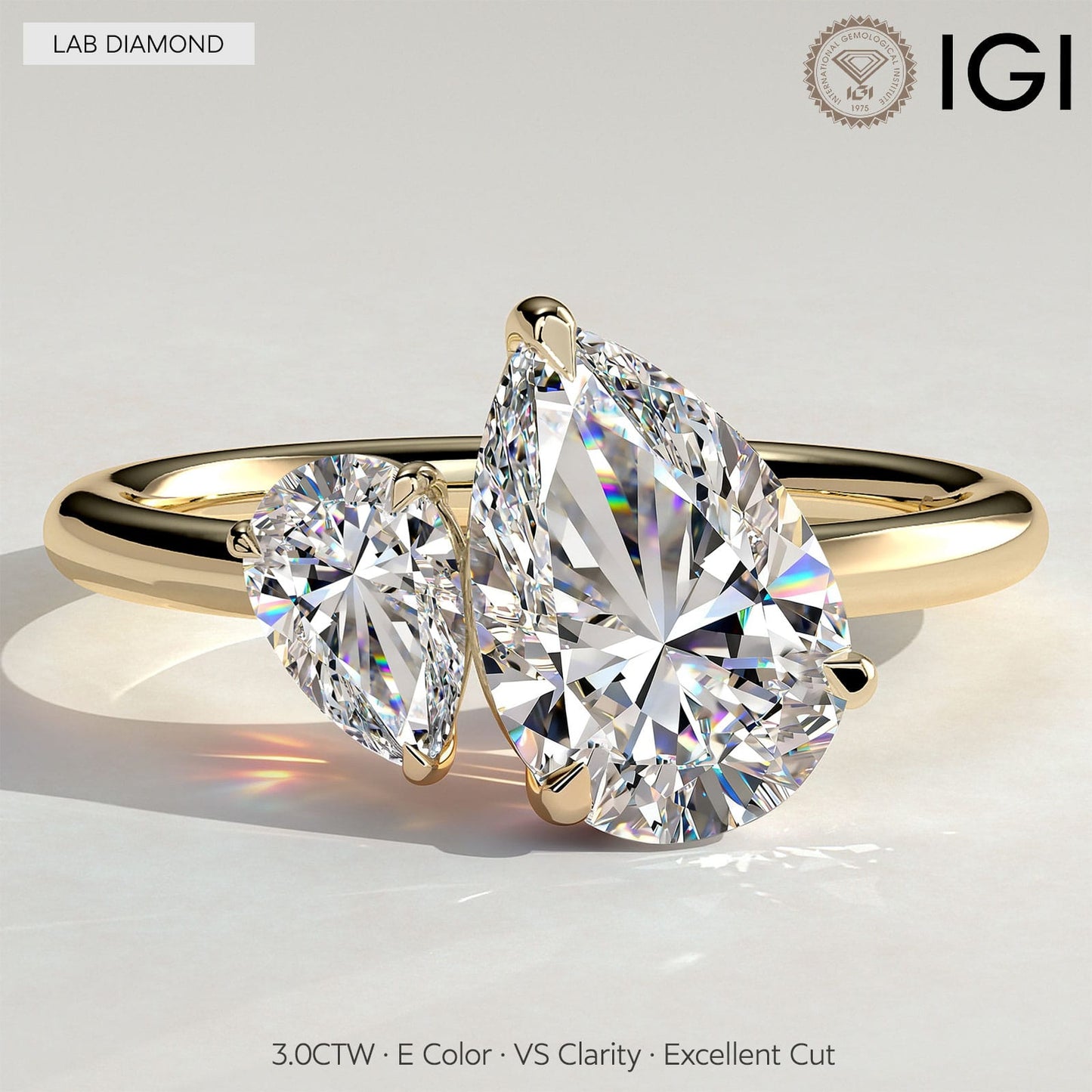 Toi et Moi Pear Lab-Grown Diamond Ring 2.0ct & 1.0ct Pear Dual Stones ¡¤ Claw Setting Tarnish-resistant Silver In 14K Gold Plated (Includes IGI Certification from International Gemological Institute)