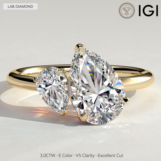 gona- Toi et Moi Pear Lab-Grown Diamond Ring 2.0ct & 1.0ct Pear Dual Stones ¡¤ Claw Setting Tarnish-resistant Silver In 14K Gold Plated (Includes IGI Certification from International Gemological Institute)