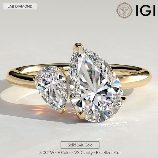 gona- Toi et Moi Pear Lab-Grown Diamond Ring 2.0ct & 1.0ct Pear Dual Stones ¡¤ Claw Setting ¡¤ Solid 14K Yellow Gold (Includes IGI Certification from International Gemological Institute)
