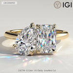 Toi et Moi Radiant & Pear Lab-Grown Diamond Ring 1.5ct & 1.0ct Dual Stones Claw Setting Tarnish-resistant Silver In 14K Gold Plated (Includes IGI Certification from International Gemological Institute)