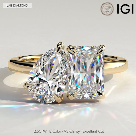 gona- Toi et Moi Radiant & Pear Lab-Grown Diamond Ring 1.5ct & 1.0ct Dual Stones Claw Setting Tarnish-resistant Silver In 14K Gold Plated (Includes IGI Certification from International Gemological Institute)