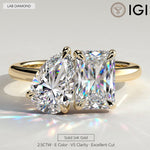 Toi et Moi Radiant & Pear Lab-Grown Diamond Ring 1.5ct & 1.0ct Dual Stones Claw Setting ¡¤ Solid 14K Yellow Gold (Includes IGI Certification from International Gemological Institute)