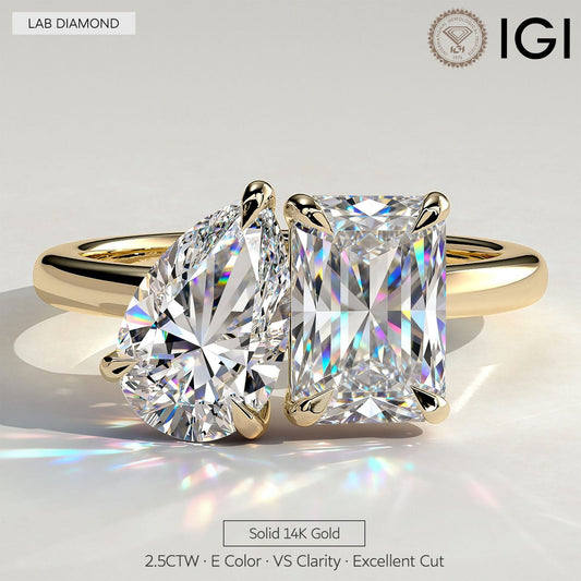 gona- Toi et Moi Radiant & Pear Lab-Grown Diamond Ring 1.5ct & 1.0ct Dual Stones Claw Setting ¡¤ Solid 14K Yellow Gold (Includes IGI Certification from International Gemological Institute)