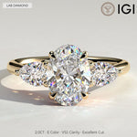 2ct Oval Lab-Grown Diamond Three-Stone Ring with Pear Accent Stones (Moissanite) Open Trellis Gallery Claw Setting Tarnish-resistant Silver In 14K Gold Plated (Includes IGI Certification from International Gemological Institute)