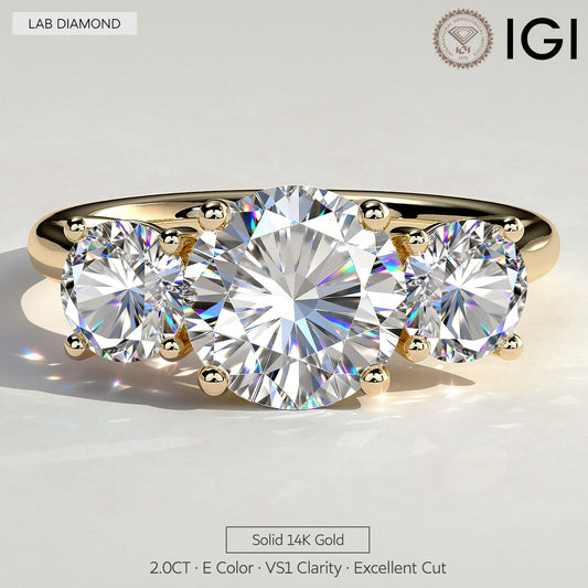 gona- 2ct Round Lab-Grown Diamond Three-Stone Ring with Round Accent Stones (Moissanite) Trellis Gallery Claw Setting Solid 14K Yellow Gold (Includes IGI Certification from International Gemological Institute)