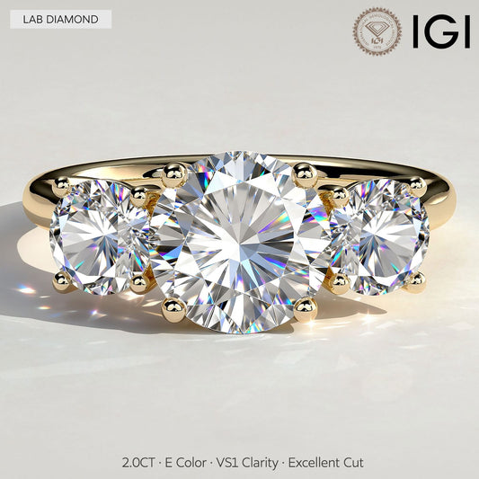 gona- 2ct Round Lab-Grown Diamond Three-Stone Ring with Round Accent Stones (Moissanite) Trellis Gallery Claw Setting Tarnish-resistant Silver In 14K Gold Plated (Includes IGI Certification from International Gemological Institute)