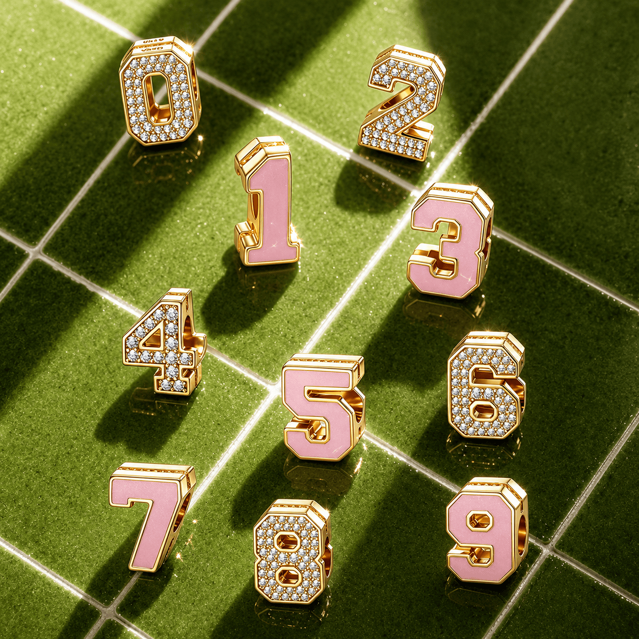 Double Sided Number Six Charm with Sparkling Pave Front and Pink Enamel Back in 14K Gold Plated Tarnish Resistant Silver