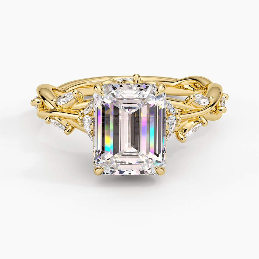 Secret Garden · 2.0 CT Emerald-Cut Lab-Grown Diamond Ring with Vine Leaf Accent Band & Claw Setting in Solid 14K Yellow Gold · (Includes IGI Certification from International Gemological Institute)