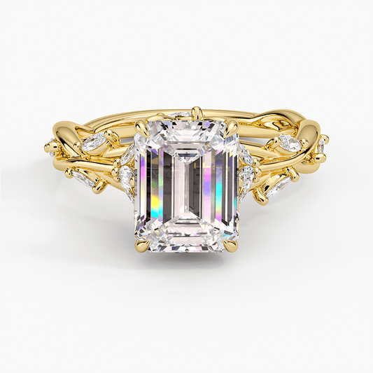 gona- Secret Garden · 2.0 CT Emerald-Cut Lab-Grown Diamond Ring with Vine Leaf Accent Band & Claw Setting Tarnish-Resistant Silver In 14K Yellow Gold Plated · (Includes IGI Certification from International Gemological Institute)