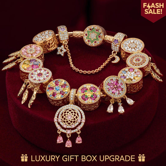 gona- Sterling Silver Dreamy Blooms Charms Bracelet Set In 14K Gold Plated (Includes bracelet and all charms shown)