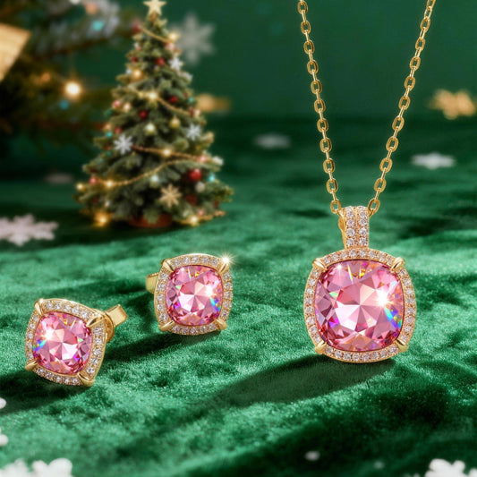 gona- Sterling Silver Cherry Blossom Jewel Charm Necklace and Earrings Set In 14K Gold Plated - Created With SWAROVSKI® Crystals