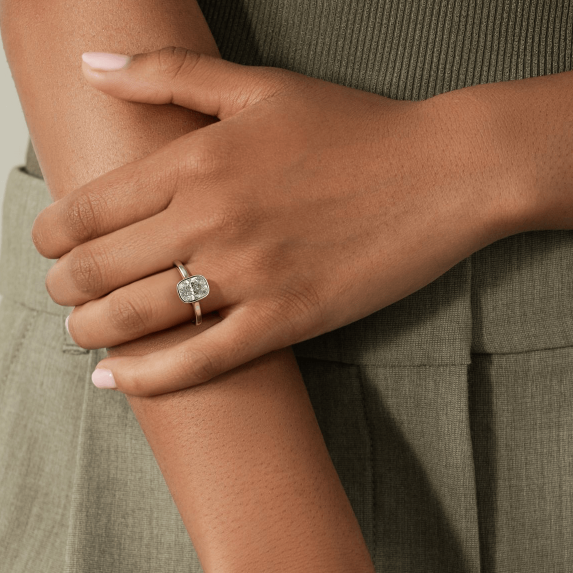 2ct Elongated Cushion Lab-Grown Diamond Ring with Bezel Setting Cathedral Setting Tarnish-resistant Silver In 14K Gold Plated (Includes IGI Certification from International Gemological Institute)