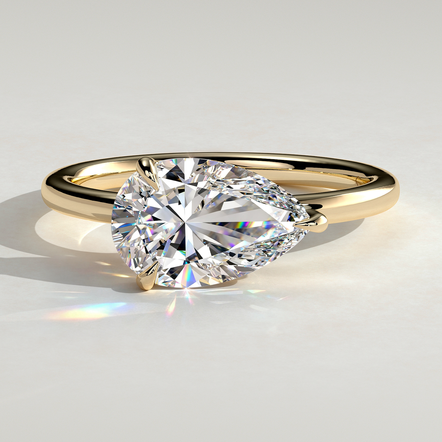 2ct Pear Lab-Grown Diamond East-West Claw Solitaire with Raised Basket Gallery Engagement Ring in Solid 14K Yellow Gold (Includes IGI Certification from International Gemological Institute)