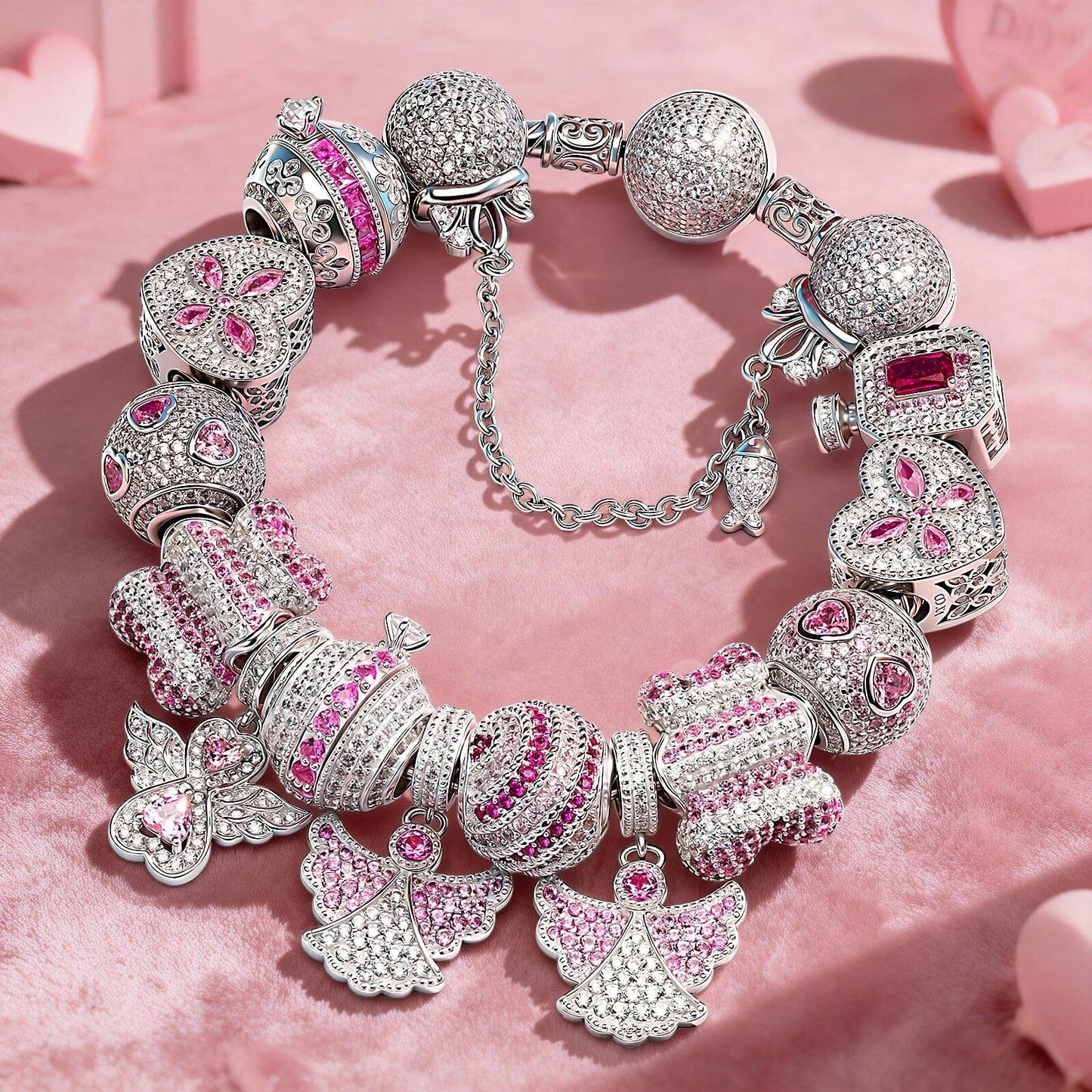 Sterling Silver Love's Tale Charms Bracelet Set In White Gold Plated (Includes bracelet and all charms shown)