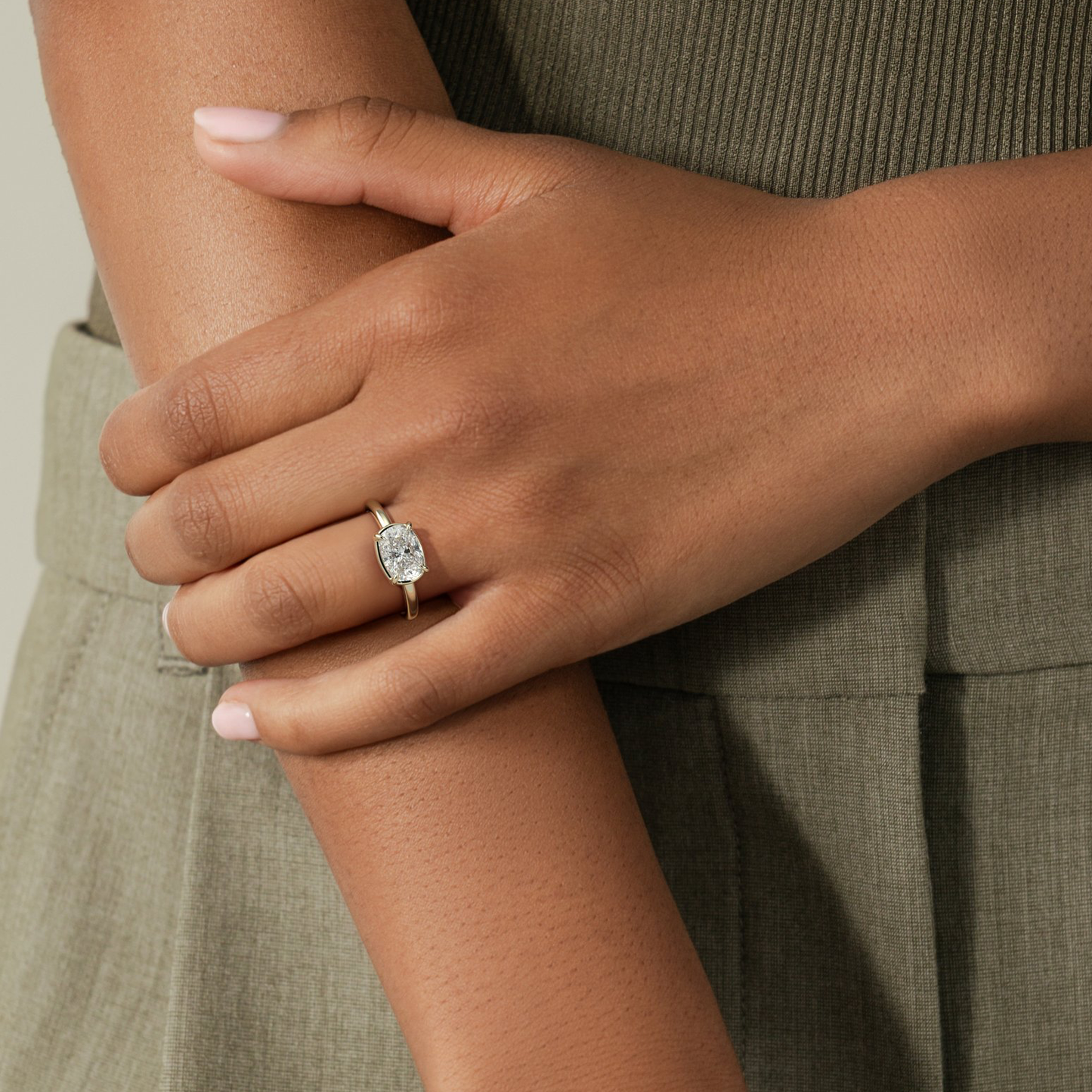 2ct Elongated Cushion Lab-Grown Diamond East-West Claw Solitaire with Bezel Frame Engagement Ring in Solid 14K Yellow Gold (Includes IGI Certification from International Gemological Institute)