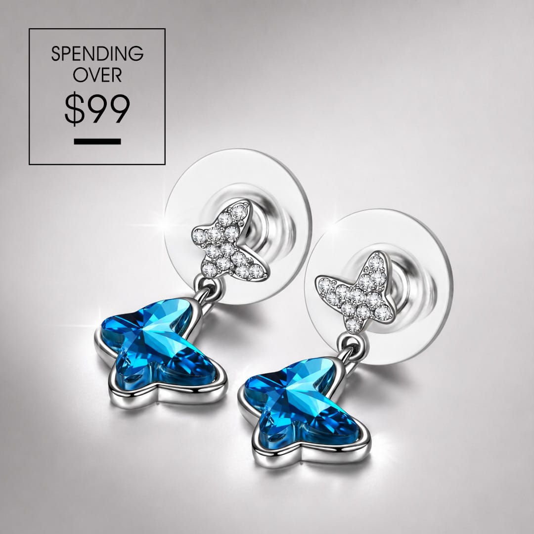 Limited Time Weekend Gift (Valid Friday – Monday): Spend $99+ in a Single Purchase to Get This Butterfly Blue Crystal Drop Stud Earrings in White Gold Plated for FREE (Ships With Order, No Need to Add to Cart)