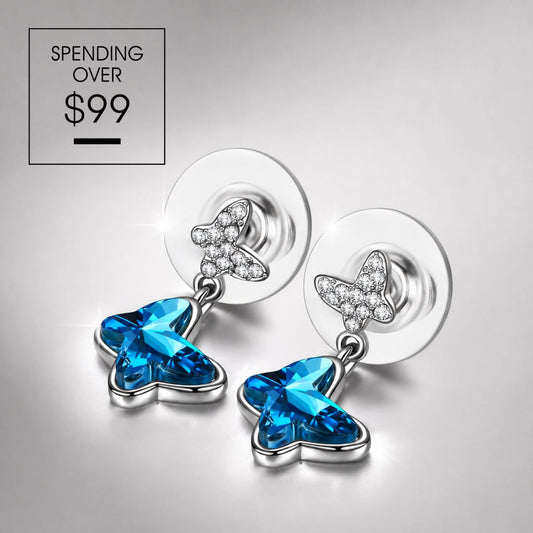 gona- Limited Time Weekend Gift (Valid Friday – Monday): Spend $99+ in a Single Purchase to Get This Butterfly Blue Crystal Drop Stud Earrings in White Gold Plated for FREE (Ships With Order, No Need to Add to Cart)