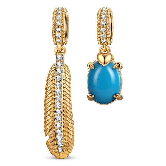 gona- Asymmetric Feather & Turquoise Cabochon Dangle Charm in Tarnish-Resistant Silver