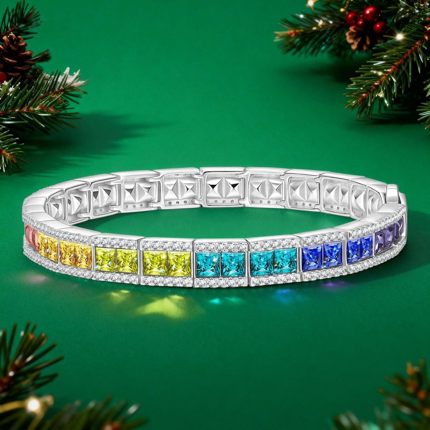 Rainbow Color Cascade Tennis Bracelet - White Gold Plated, Handcrafted with Swarovski® Crystals