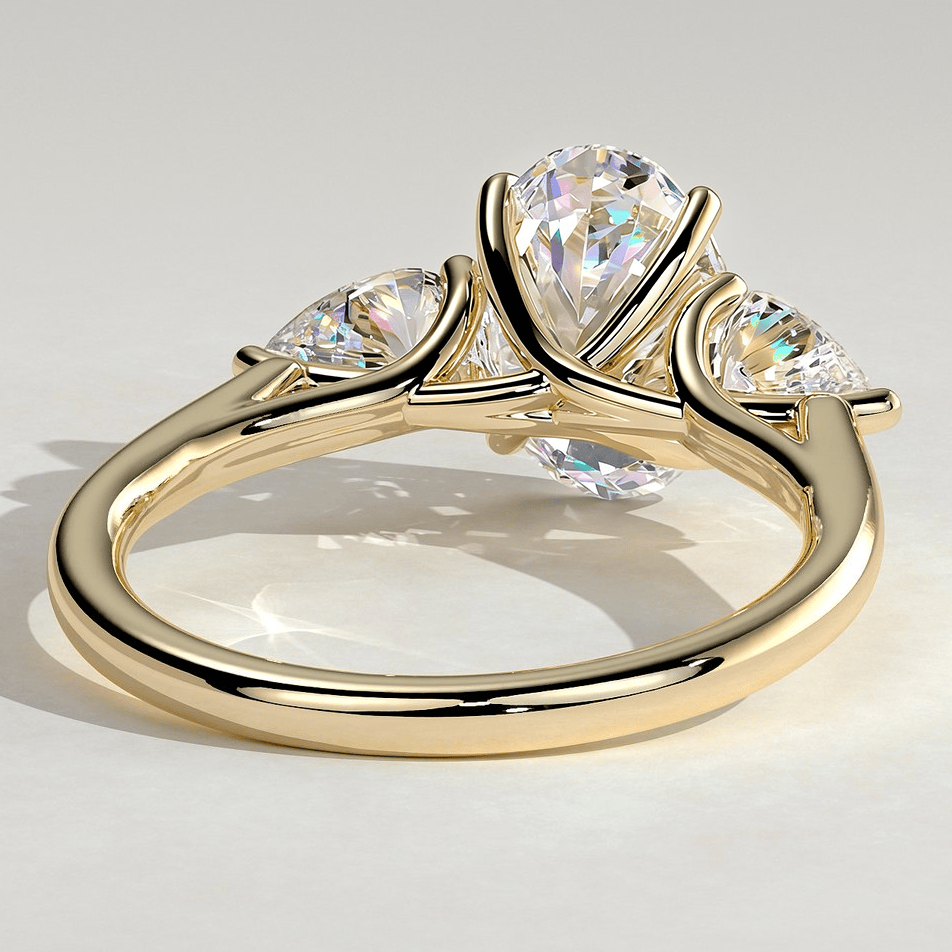 2ct Oval Lab-Grown Diamond Three-Stone Ring with Pear Accent Stones (Moissanite) Open Trellis Gallery Claw Setting Tarnish-resistant Silver In 14K Gold Plated (Includes IGI Certification from International Gemological Institute)