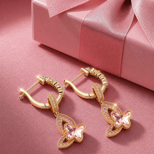gona- Graceful Butterfly Pink Tarnish-resistant Silver Drop Earrings In 14K Gold Plated
