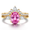 Oval Brilliant Cut Fancy Vivid Rose Hue Lab-Certified Pink Sapphire - Classic Stackable Ring Sets 14K Yellow Gold Plated (Includes GRC Certification from Gemstone Research Center)